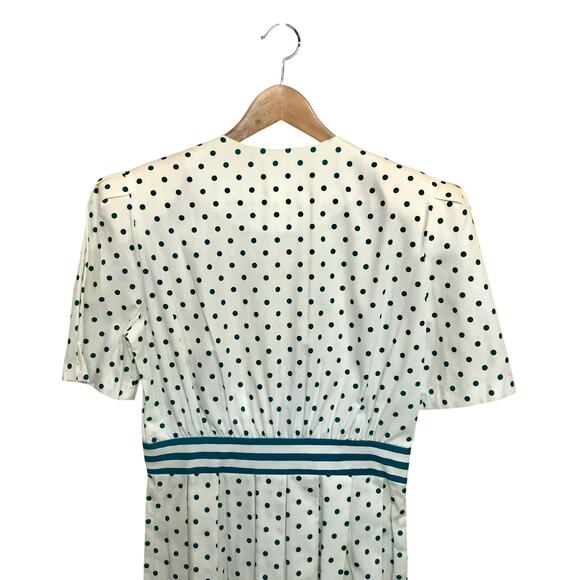 REO Originals Vintage 80s Preppy Short Sleeve Pleated Green Polka Dot Dress 12 - Picture 11 of 14